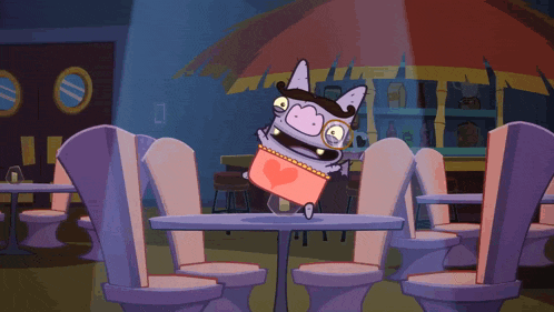 a cartoon character is sitting at a table with a purse on it