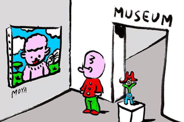 a cartoon of a man looking at a painting in front of a museum sign