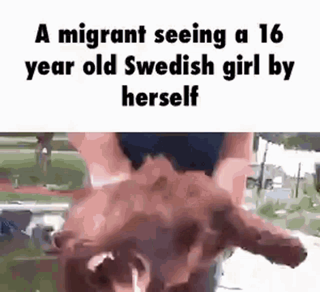 a migrant is seeing a 16 year old swedish girl by herself while holding a pig .