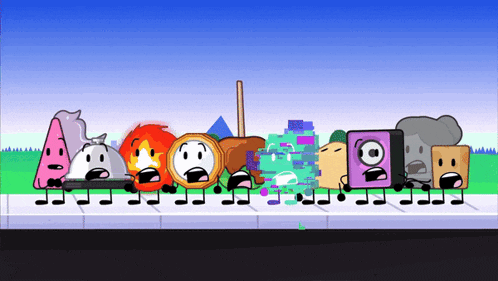 a bunch of cartoon characters are standing next to each other