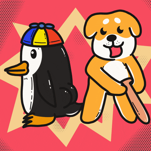 a penguin wearing a rainbow hat and a dog holding a bat
