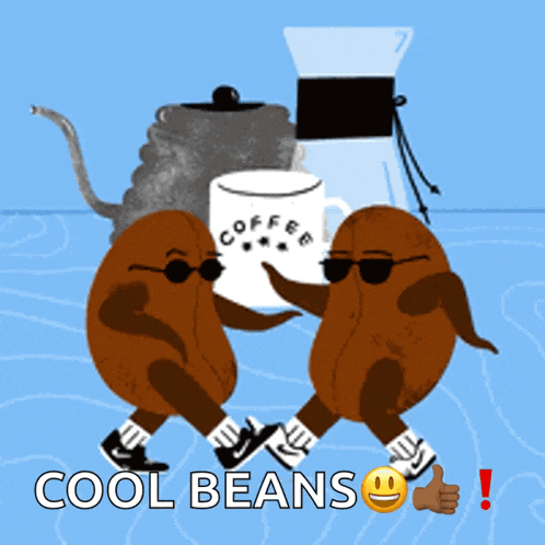 a cartoon of two coffee beans holding a coffee mug that says coffee