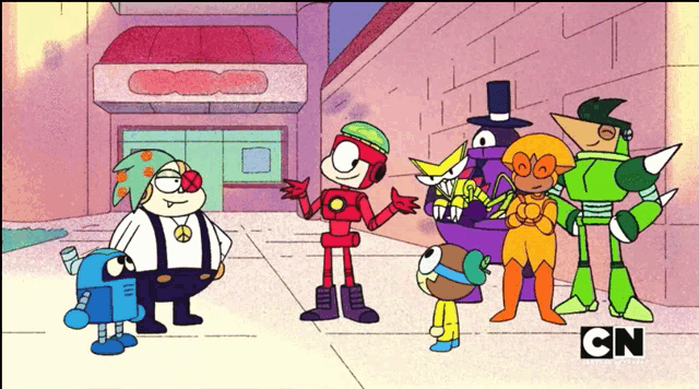 a group of cartoon characters standing in front of a building with the cn logo on the bottom