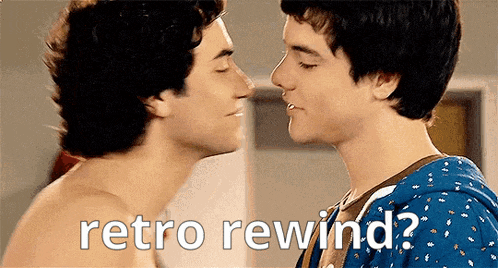 two men are touching noses and the words retro rewind are above them