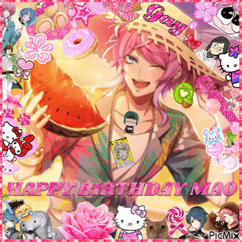 a picture of a girl with pink hair holding a slice of watermelon and the words happy birthday mac