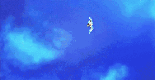 a person is flying through a blue sky with wings and a star in the background .
