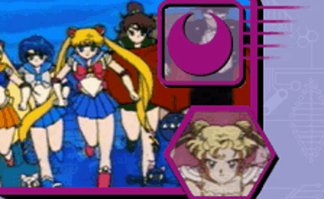 a group of anime girls are standing next to each other with a purple moon in the background