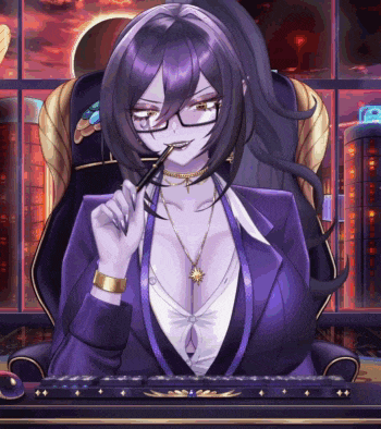 a woman with purple hair and glasses is sitting in a chair with a pen in her mouth