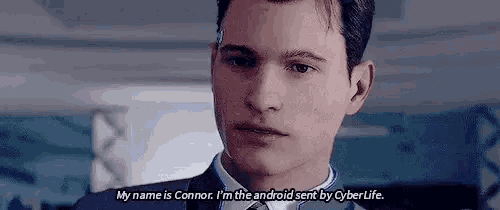 a man in a suit and tie is saying `` my name is connor , i 'm the android sent by cyberlife '' .