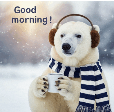 a polar bear wearing ear muffs and a scarf is holding a cup of coffee and says good morning