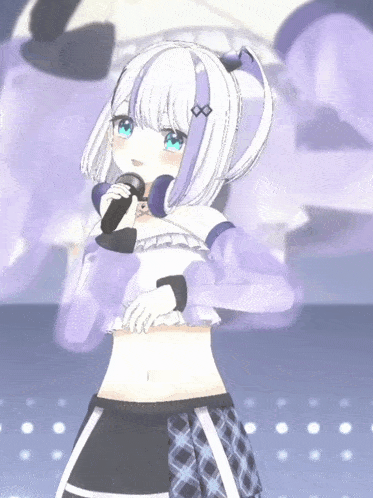 a girl with white hair and blue eyes holds a microphone