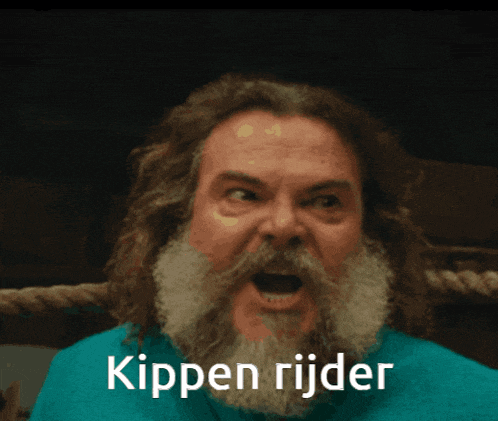 a man with a beard and a blue shirt has the words kippen rijder on his face