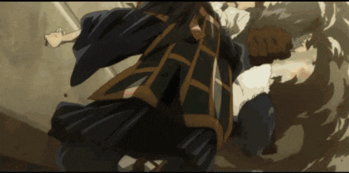 a man in a black and gold outfit is fighting another man with a sword