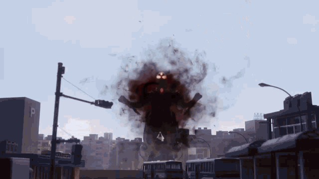 a large explosion in the middle of a city with the letter p visible in the background