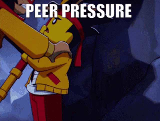 a cartoon character with the word peer pressure written on the bottom