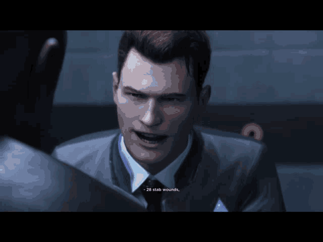 a man in a suit and tie is talking to another man in a video game and says 28 stab wounds
