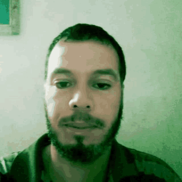 a man with a beard and mustache is looking at the camera