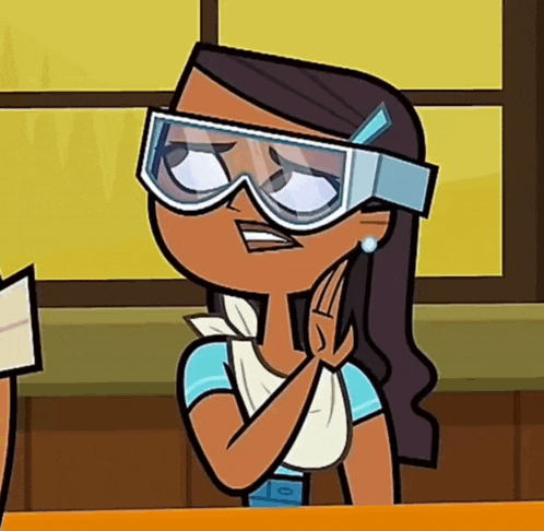 a cartoon character is wearing goggles and a blue shirt