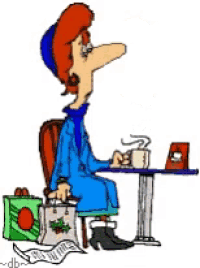 a cartoon of a woman sitting at a table with a cup of coffee and the words slap ii on the bottom