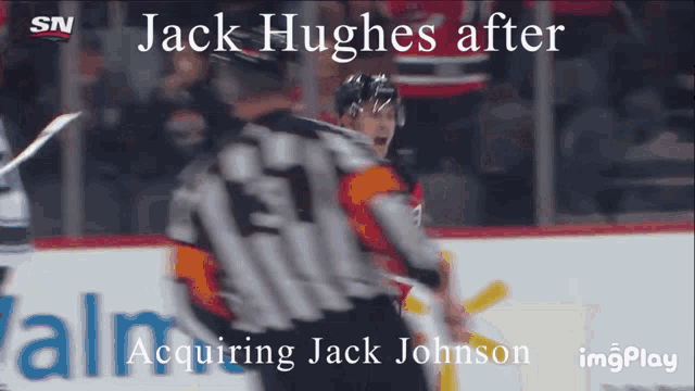 a hockey game with the words acquiring jack johnson at the top