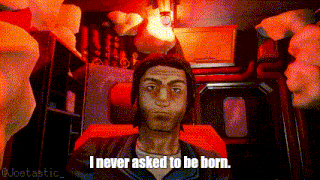 a pixelated image of a man with the words i never asked to be born below him