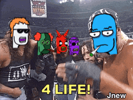 a group of wrestlers are standing next to each other with the words 4 life jnew on the bottom