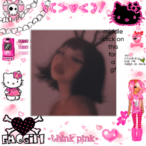 a picture of a girl is surrounded by pink hearts and hello kitty stickers