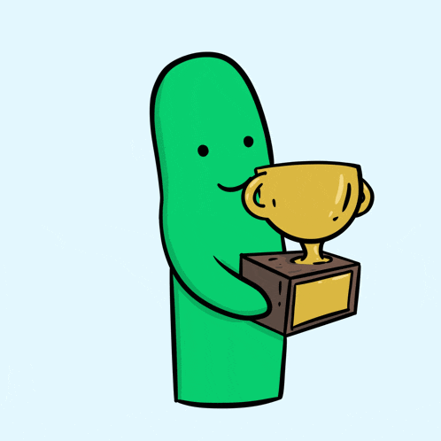 a cartoon character is holding a trophy in his hands