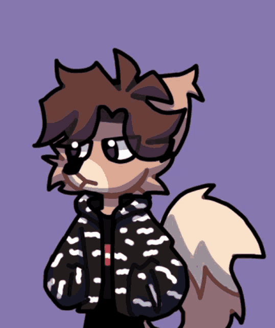 a drawing of a furry character wearing a black jacket with white dots on it