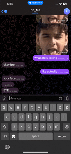 a screenshot of a telegram conversation between rip me and someone