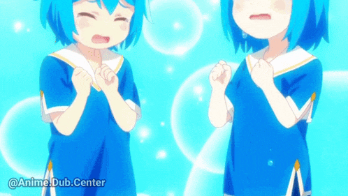 two blue haired anime girls are standing next to each other with bubbles in the background
