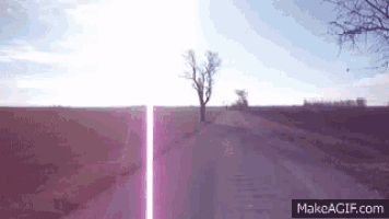 a purple light is shining on a road with a tree in the background