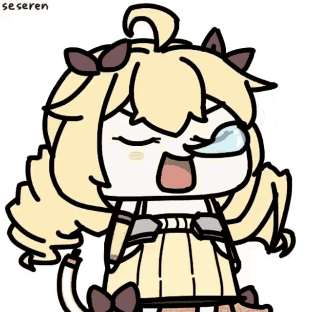 a cartoon drawing of a girl with blonde hair and a cat ear is crying .