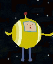 a pixel art drawing of a yellow ball with a face and arms .