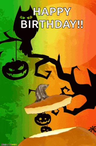 a happy birthday greeting card with a cat sitting on a pumpkin