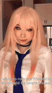a girl with blonde hair and a blue tie is wearing a wig and a choker .
