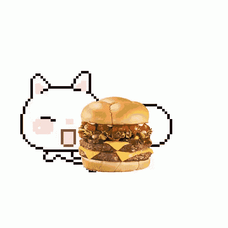 a pixel art cat is eating a hamburger on a bun .