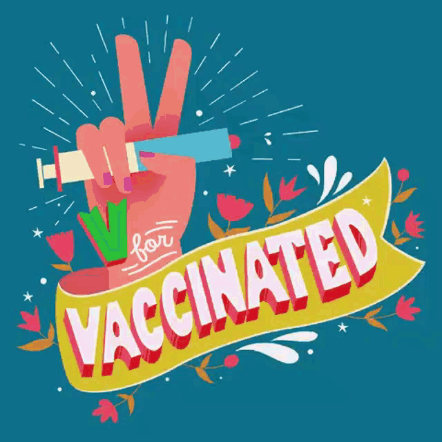 an illustration of a hand holding a syringe with the words vaccinated written below it
