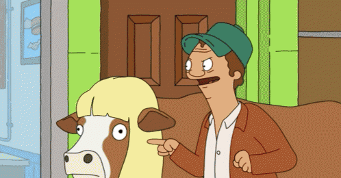 a cartoon of a man pointing at a cow in front of a door