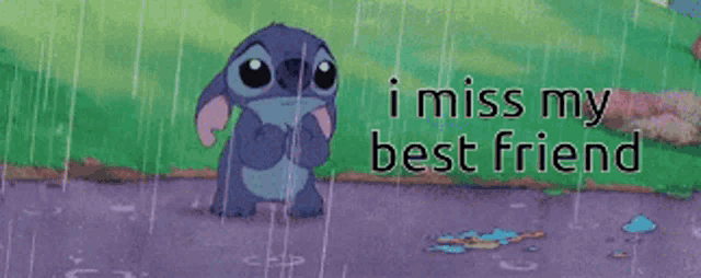 a cartoon character standing in the rain with the words i miss my best friend