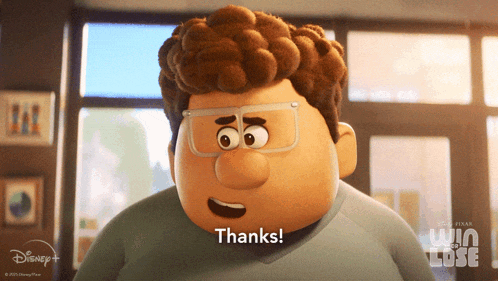 a cartoon character says thanks in a disney + ad