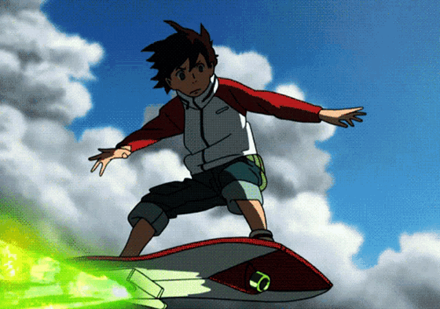 a boy in a red and white jacket is riding a skateboard in the sky