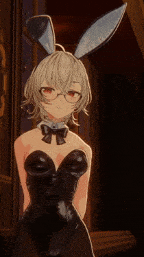 a girl wearing bunny ears and a black bodysuit