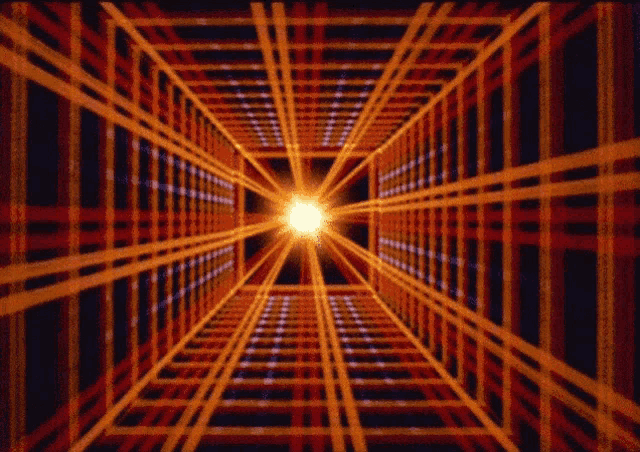 a computer generated image of a tunnel with lights coming out of the end