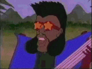 a cartoon of a man wearing star shaped sunglasses holding a guitar