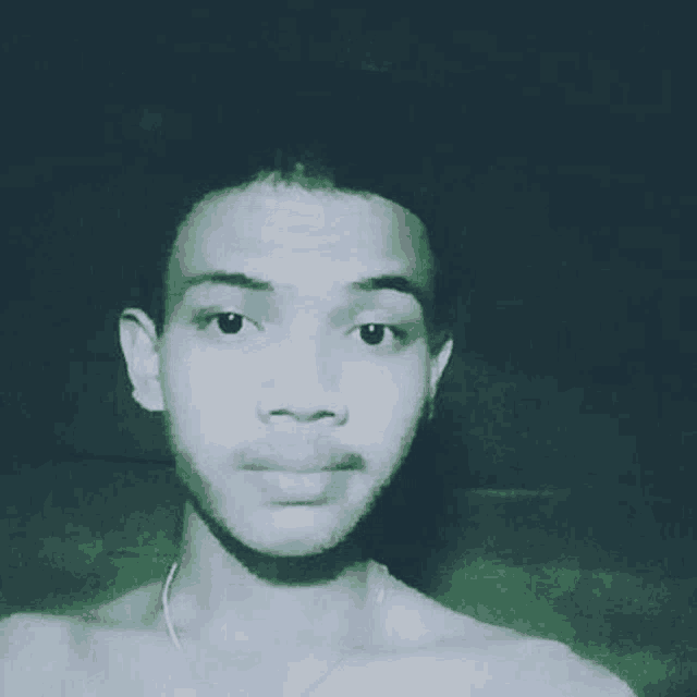 a young man without a shirt is taking a selfie with a green background .
