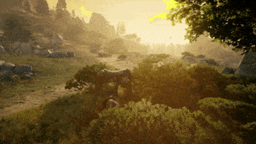 a horse is standing in a field with trees and rocks in the background