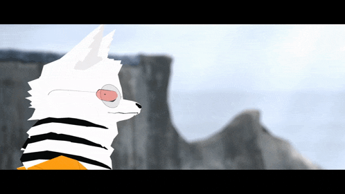 a cartoon drawing of a wolf wearing glasses and a striped shirt