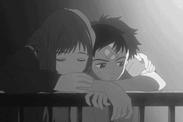 a black and white drawing of a girl hugging a boy with a bandage on his forehead