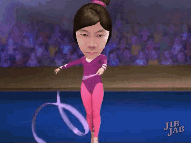 a cartoon of a female gymnast holding a ribbon with jib jab written on the bottom right